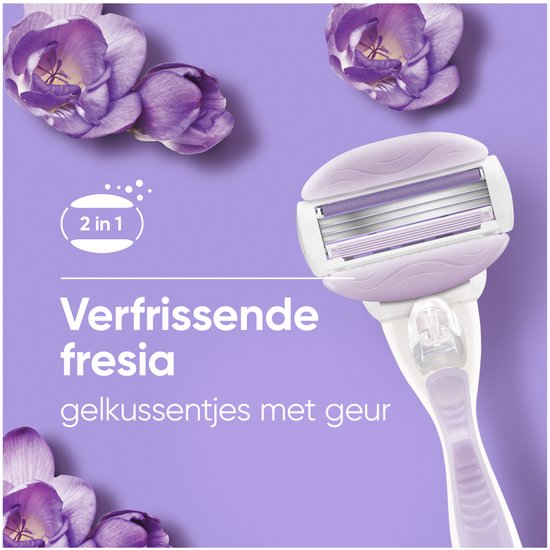 Scheermesje met 2-in-1 verfrissende fresia gelkussentjes met geur, met paarse bloemen decoratie.