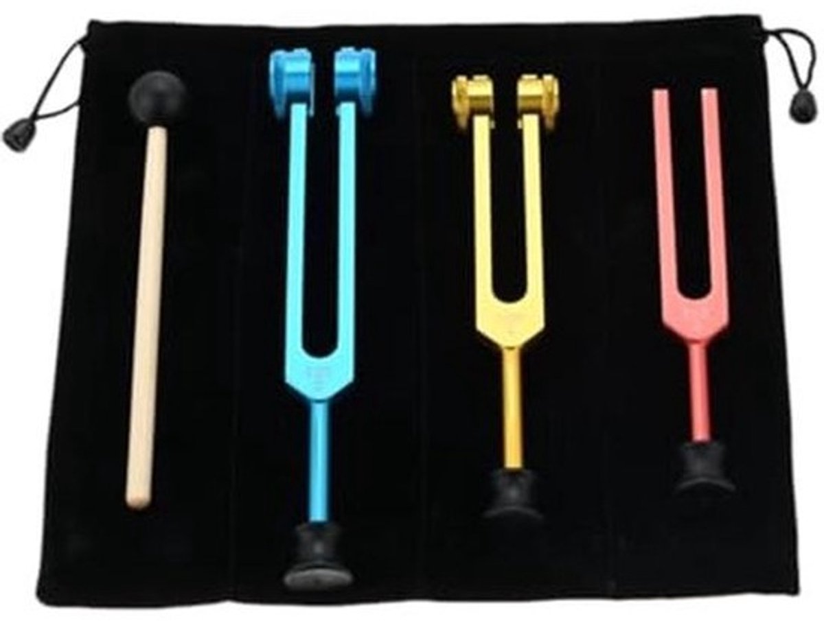 Stemvorken Set voor Klanktherapie - 128Hz, 256Hz, 512Hz - Inclusief Hamer, Opbergtas en Reinigingsdoek