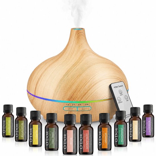 Licht houten aroma diffuser met 10 flesjes etherische olie en afstandsbediening.