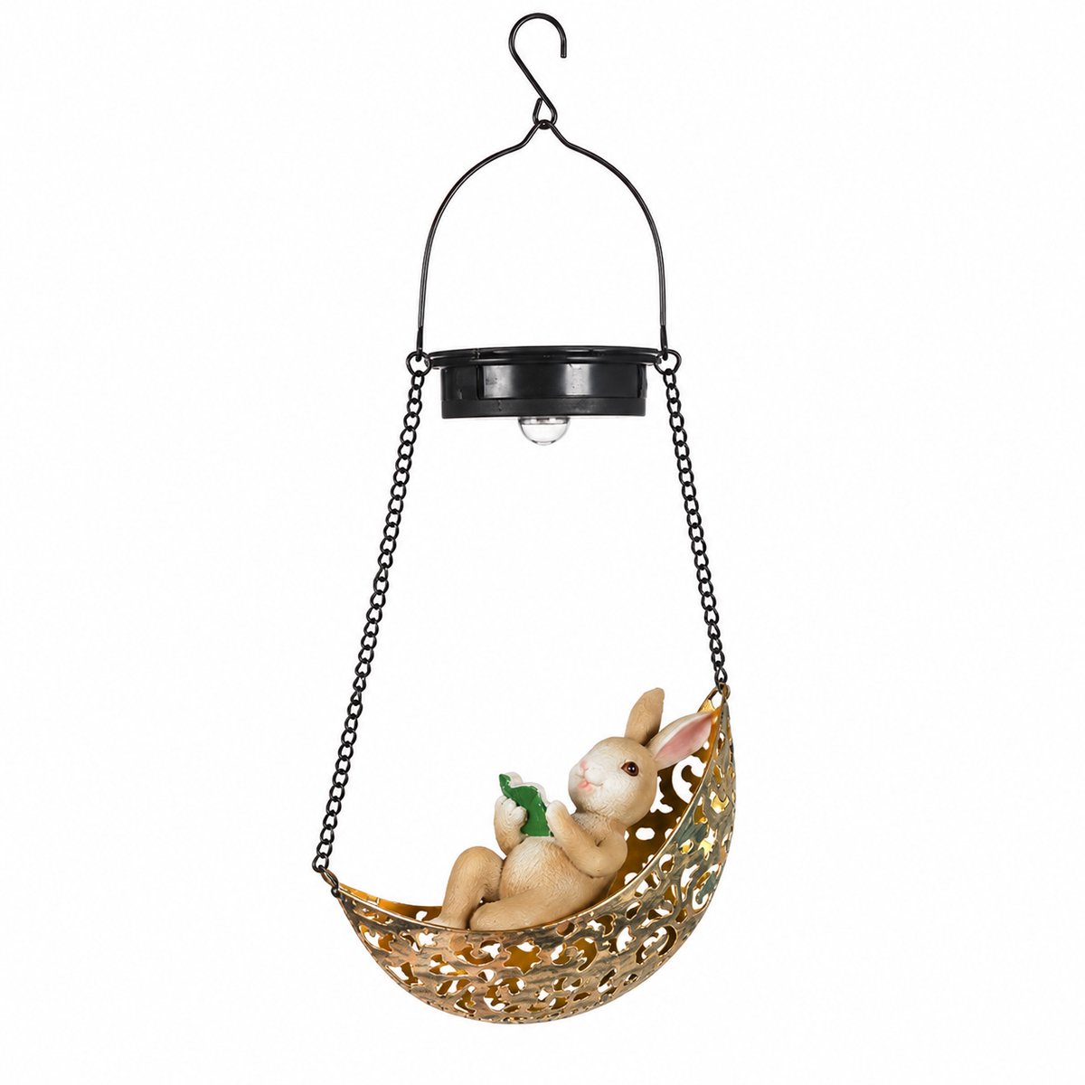 Namajunas - Zonne Hanglamp voor Tuin, Konijnfiguur op Maanboot‑vorm - Tuinbeelden voor buiten - Tuindecoratie - Tuinverlichting - Decoratie voor gazon - Tuinverlichting op zonneenergie - Windgong - Cadeaus - Voor tuinen en balkons.