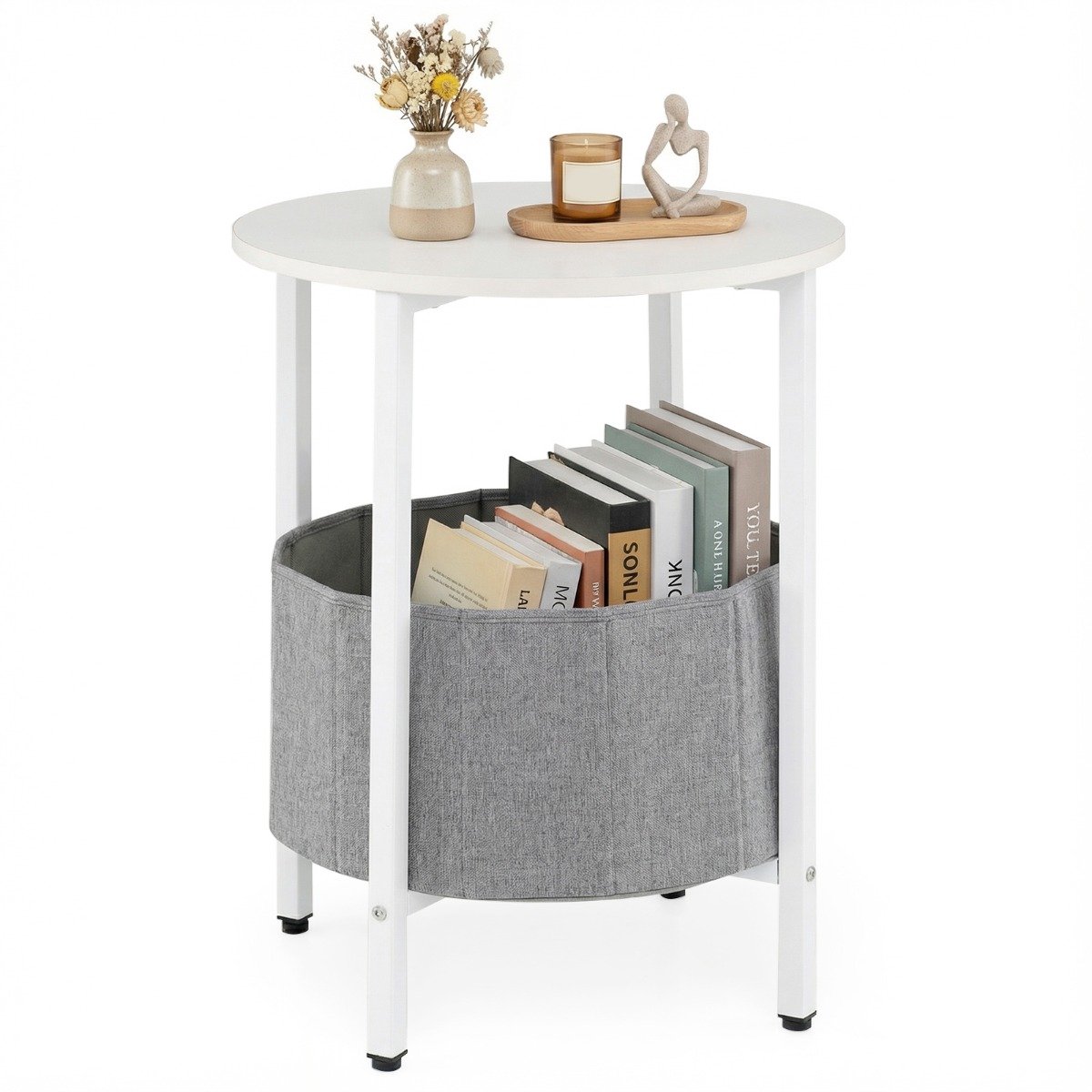 SureDeal® - Salontafel - Ronde Bijzettafel - Afneembare Vilten Mand - Opbergruimte Moderne Nachtkastje - 44x60,5 cm - Wit + Goud + Zwart