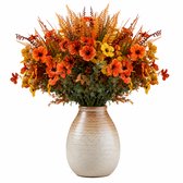 Bouquet artificiel - Bouquet d'automne de fleurs artificielles avec giroflées, eucalyptus et fougères - Bouquet champêtre sans entretien - Convient pour vase, table à manger et décoration d'automne - 42 cm - Orange et jaune