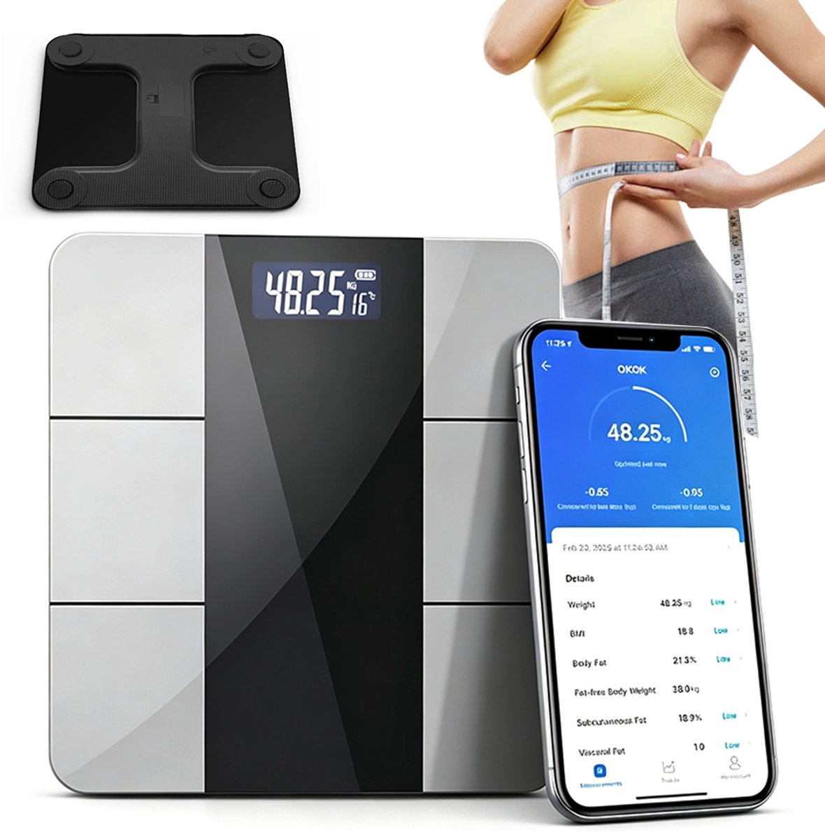 Slimme Personenweegschaal met Bluetooth - Lichaamsanalyse Weegschaal - 17 Lichaamsmetingen - BMI en Vetpercentage - OKOK App - Tot 180 kg