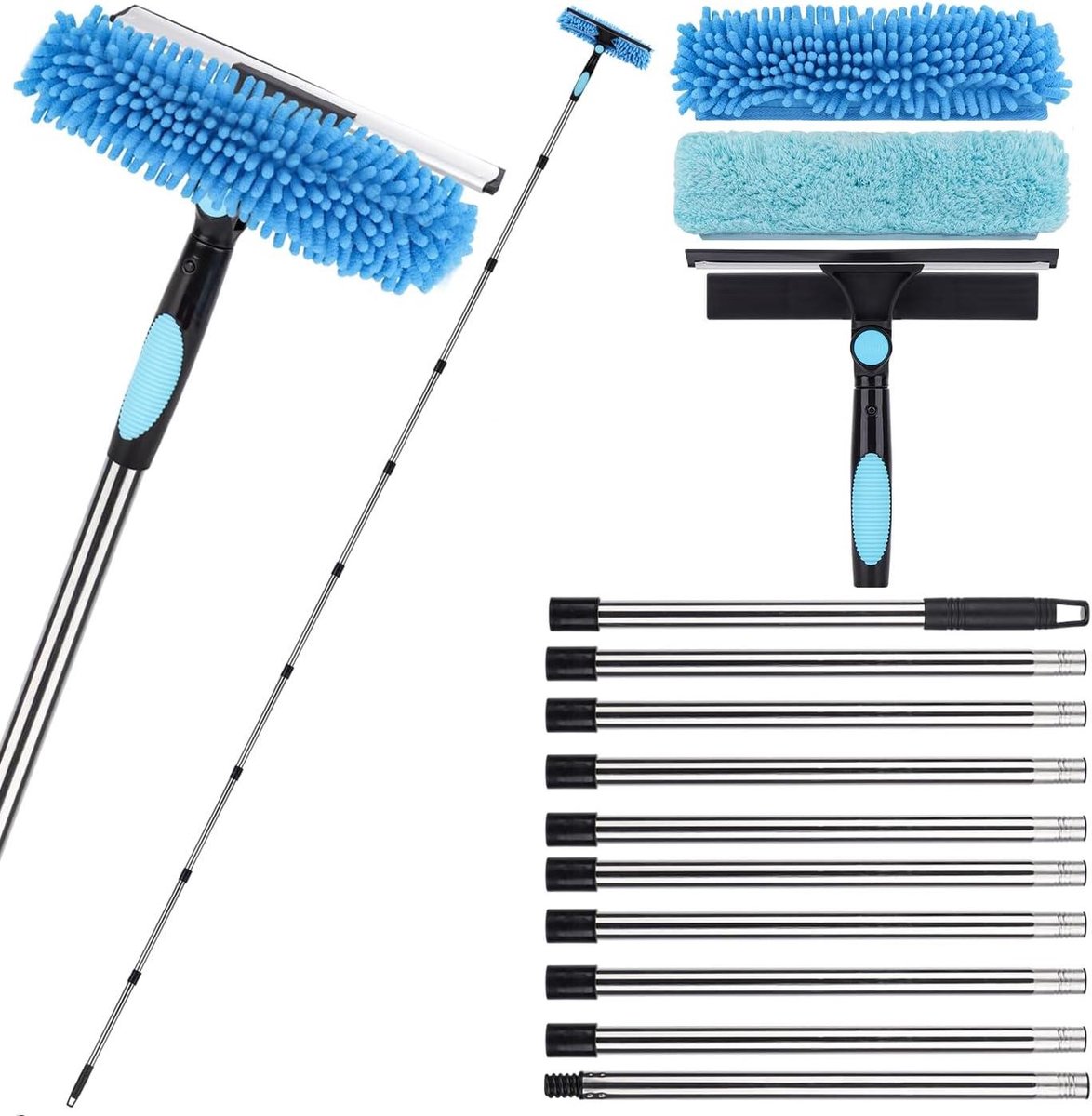 Raamreiniger - Schoonmaakgereedschap - Hoge ramen lappen - Uitschuifbaar tot 4m - 2-in-1 functie - Grijs