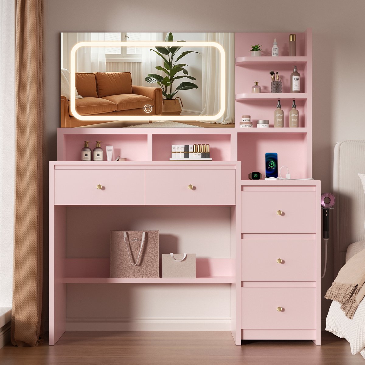 Lexzurn kaptafel met spiegel - 3 standen LED verlichting - 7 open vakken + 5 laden - föhnhook, stopcontacten & USB - 143x115x40 cm - roze - voor slaapkamer en kleedkamer