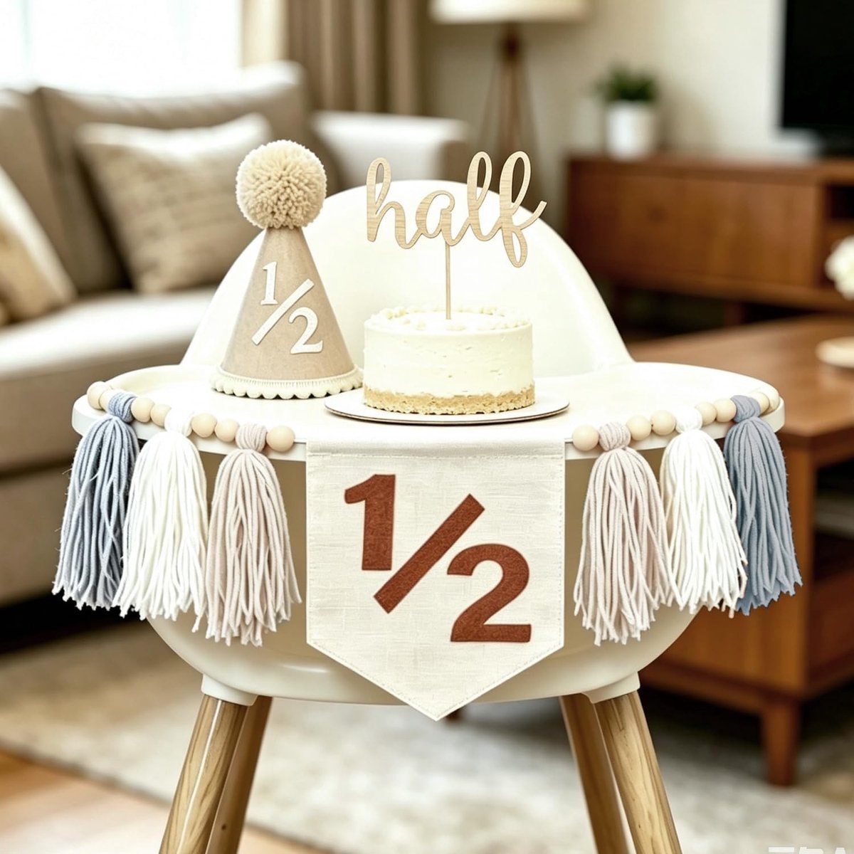 Verjaardagsdecoratie Set voor Meisjes - High Chair Banner, Taarttopper en Feesthoed voor Halfjaar Verjaardag (Beige)