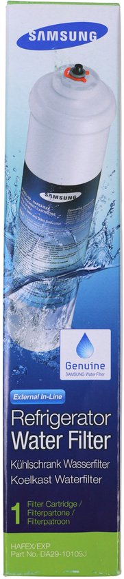 Blauw/groene Samsung verpakking voor in-line waterfilter met afbeelding van filter.