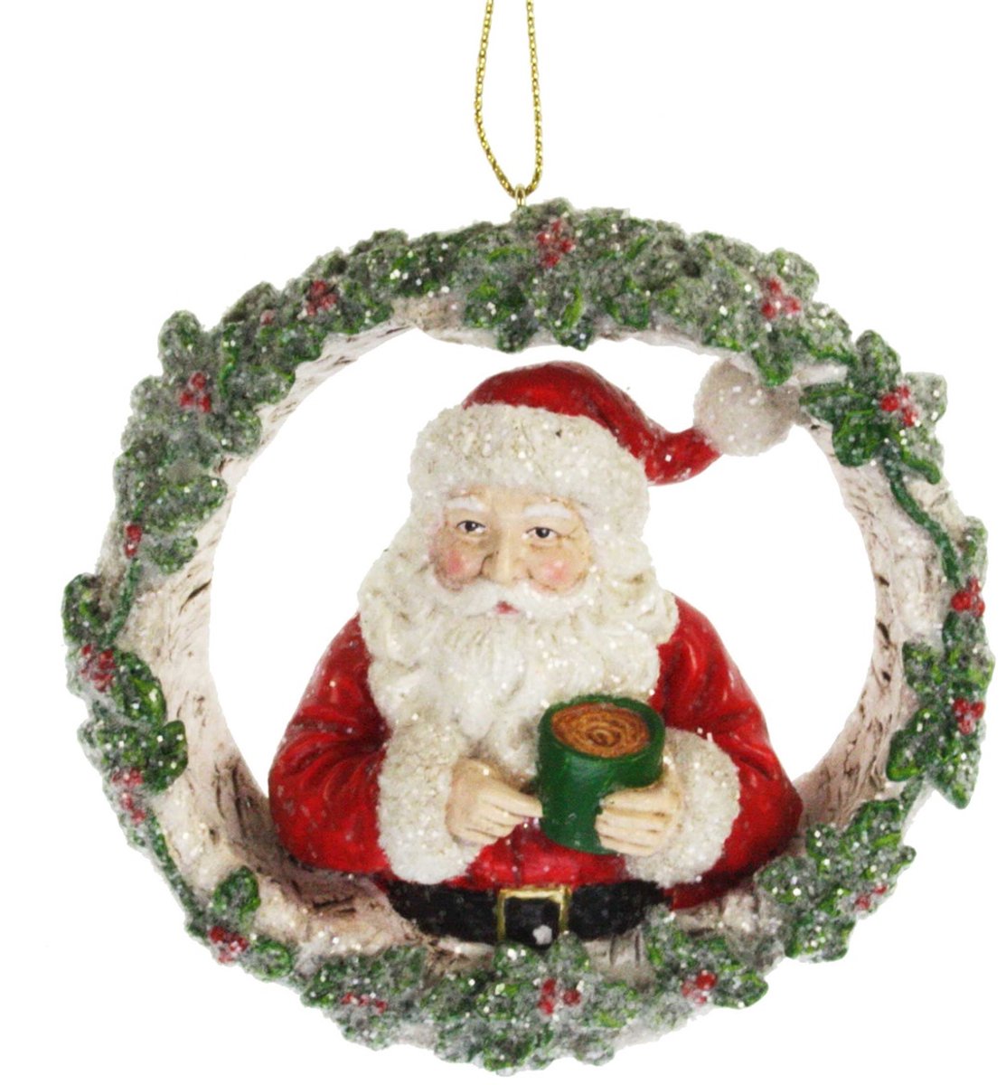 MEA Ornament Kerstman in kerstkrans, glitter Ø10x3,5cm Zie foto