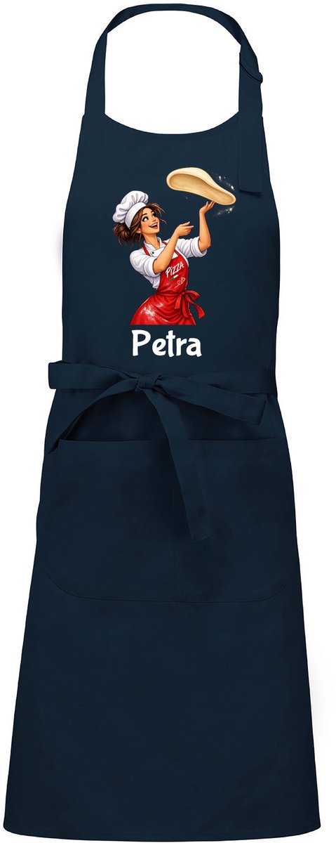 Luxe Horecaschort - Unisex Schort - Keukenschort - Barbecueschort - Kookschort - Halterschort - 76 x 90 cm - voorvak - verstelbaar - Pizza - vrouw - met naam - blauw