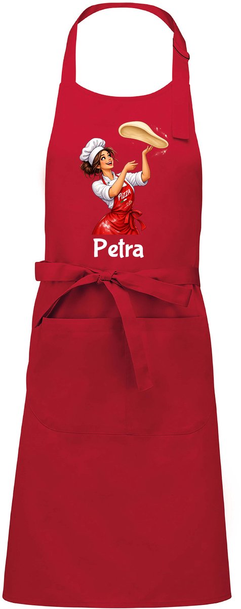 Luxe Horecaschort - Unisex Schort - Keukenschort - Barbecueschort - Kookschort - Halterschort - 76 x 90 cm - voorvak - verstelbaar - Pizza - vrouw - met naam - rood