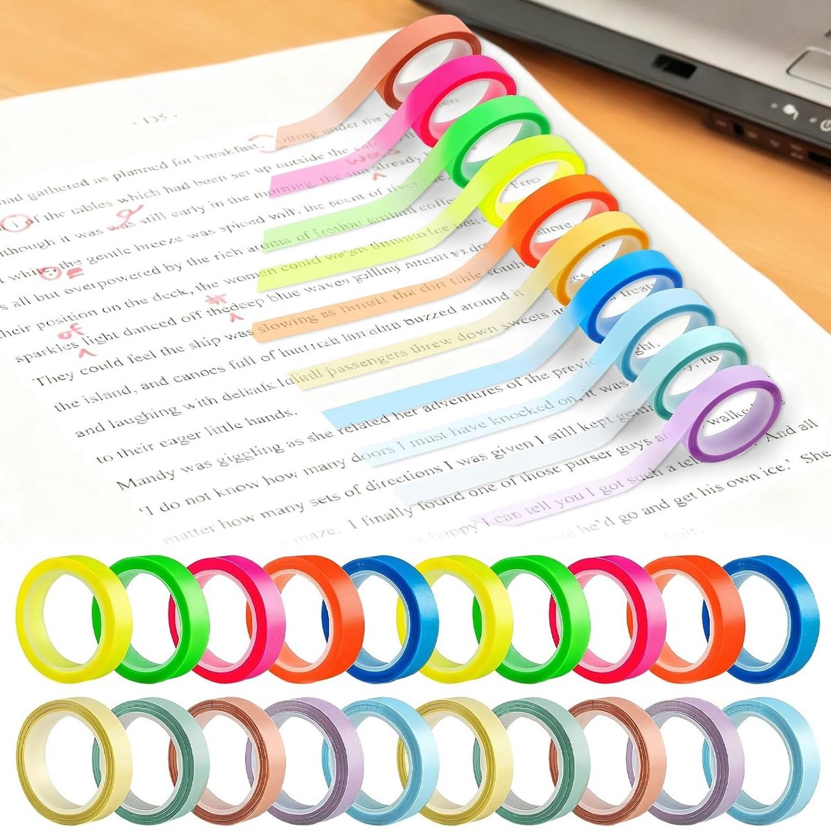 Kleurige Transparante Plakband Rollen voor Markeren, Notities en Schoolprojecten - 20 Stuks, Fluorescent en Verwijderbaar, Ideaal voor Leraren en Studenten (0.8 cm)