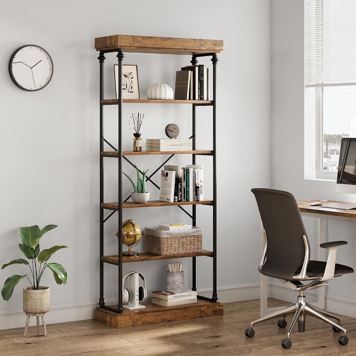 Industriële Boekenkast met 6 Niveaus - Wandrek Vintage Look - Vakkenkast Houtlook & Metaal - Robuust Design - 187 x 80 x 30 cm - Bruin/Zwart