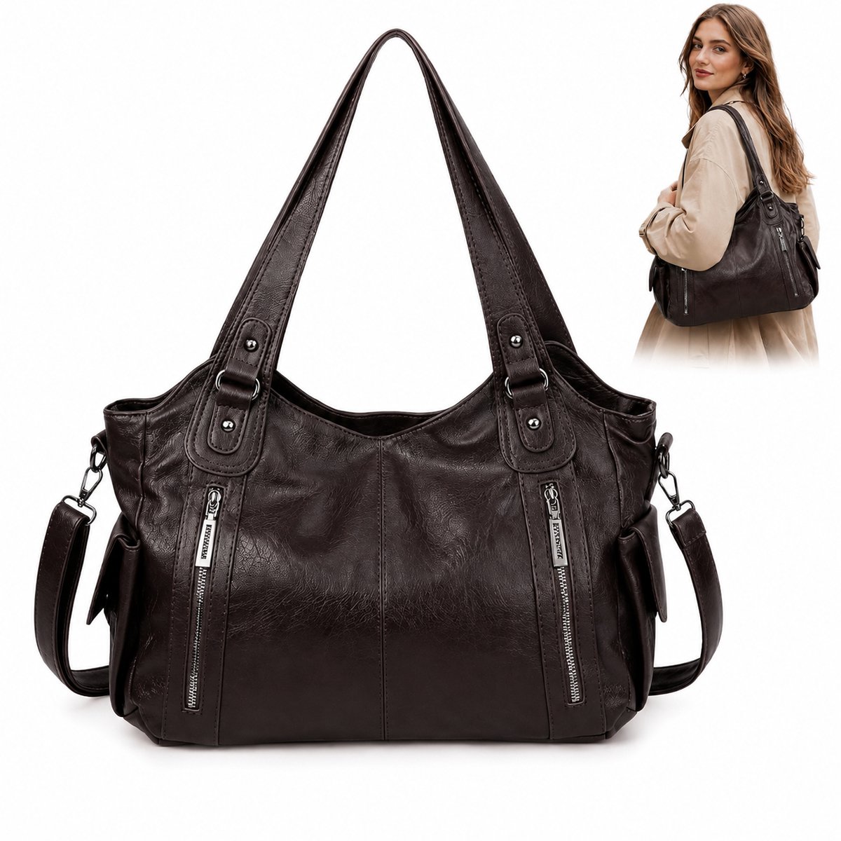 Handtas - Tassen Dames - Tote Bag - Schoudertas Pu Leer - 40*25*15cm - Dubbele Zakken - Voor Moeders, Echtgenotes, Partners - Bruin