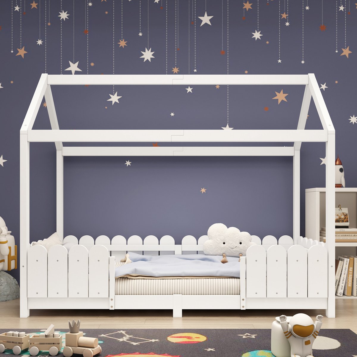 Wishdor Kinderbed 90x200 cm - Huisvorm met uitvalbeveiliging en lattenbodem - Wit houten bed voor kinderkamer - Met dak en lage instap - Inclusief bedframe zonder matras