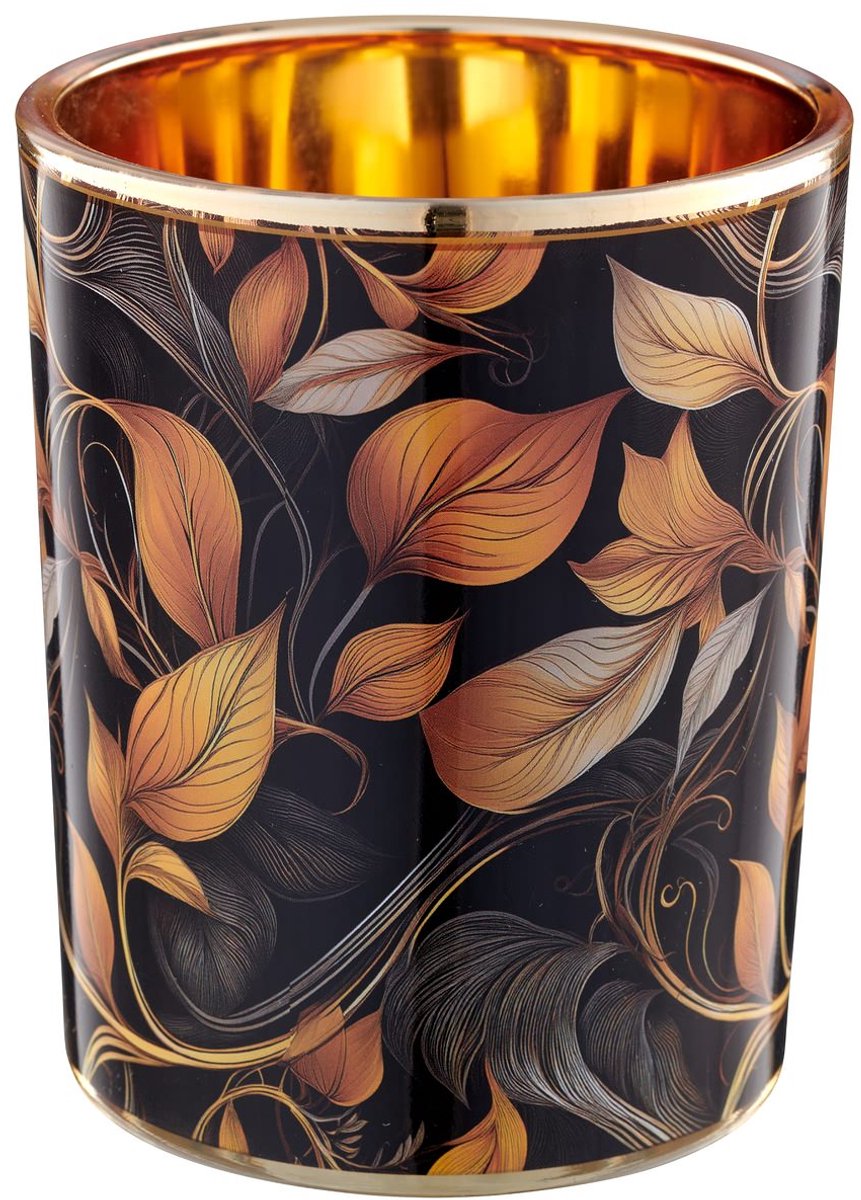 Gasper Lepuro Instyle windlicht oranje & zwart bloemmotief Ø10cm