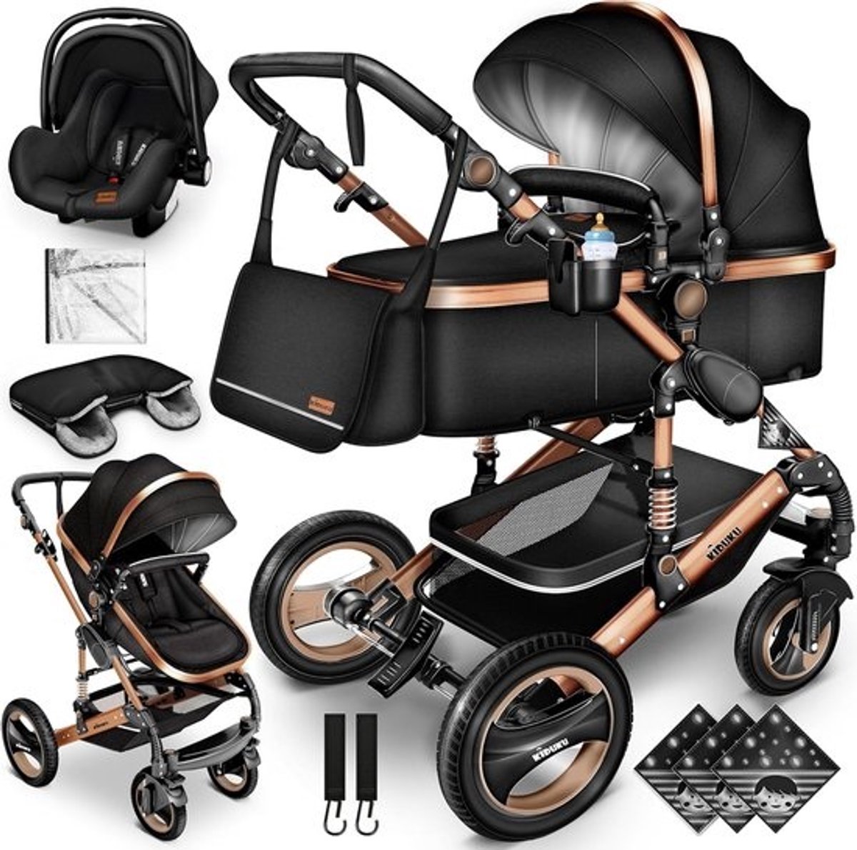Kinderwagen Set - Combi Wandelwagen - Baby Vervoeren - 3-in-1 Functionaliteit - Tot 13 kg - Zwart Koper