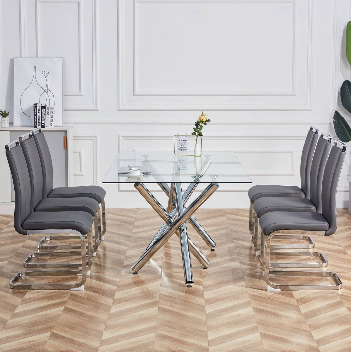 Wishdor eetkamerstoel set van 4 - Zwevend design - Gepolsterde zitting - Kunstleer - Verchroomd metaal - Grijs - 54 x 42 x 100 cm