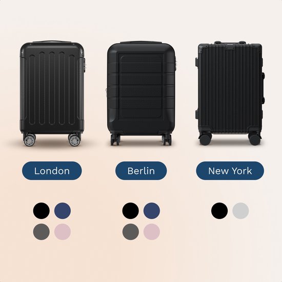 Drie verschillende zwarte koffers (London, Berlin, New York) met kleuropties.