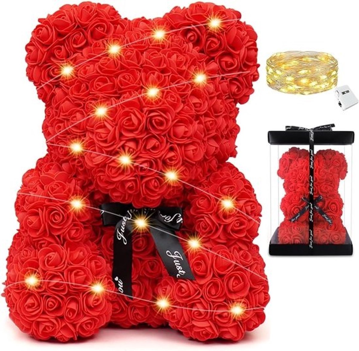 Rozenbeer - Kunstbloemen beer - Romantisch cadeau - Met ledverlichting - 25 cm - Rood