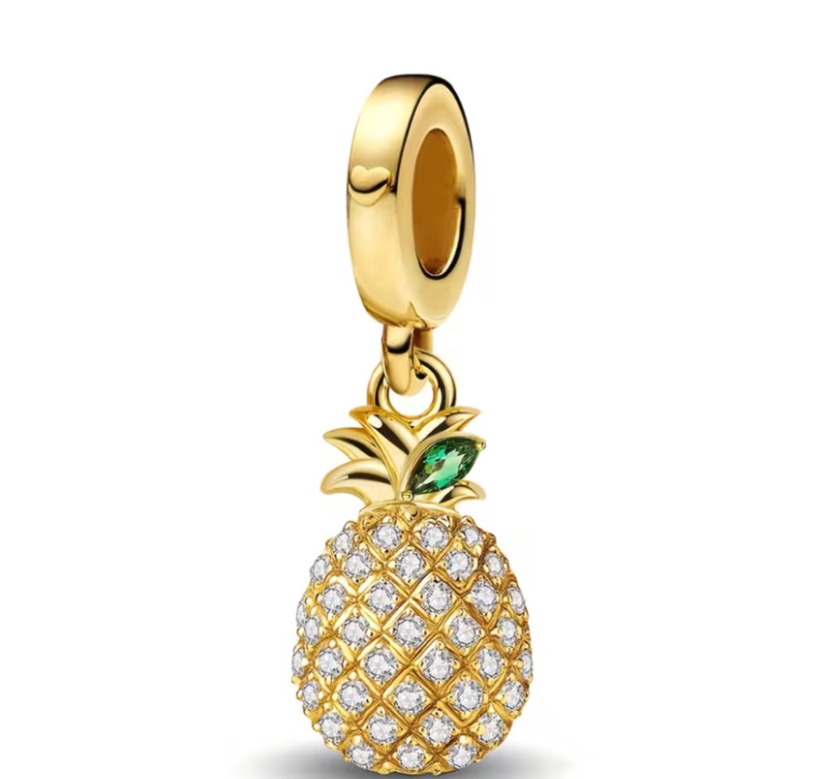 Fler® | Bedel | Past op populaire bedelarmbanden (standaard - 3mm) | Goudkleurige Ananas Bedel – Tropisch Fruit – Zomer | Hangbedel Charm | 925 sterling zilver | Goudkleurig | Transparante & groene zirkonia | Valentijnsdag Cadeau | Sinterklaas kado