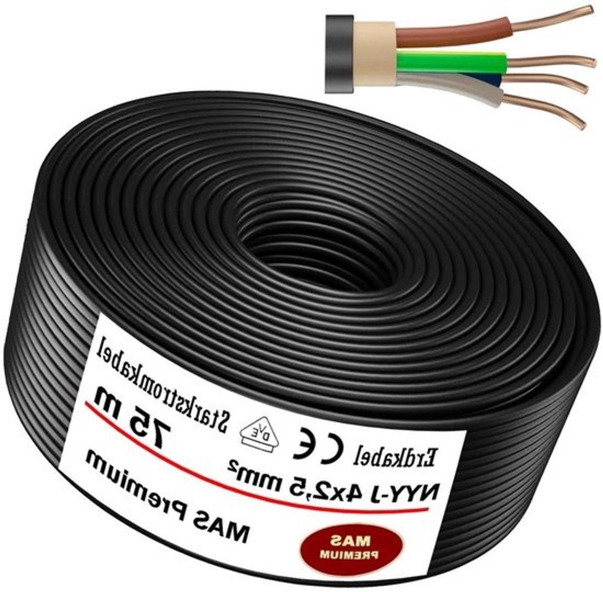 Aardingskabel NYY-J - Stroomkabel Elektra - Buiten Installatie - 4x25 mm² Koper - 75 meter - Zwart