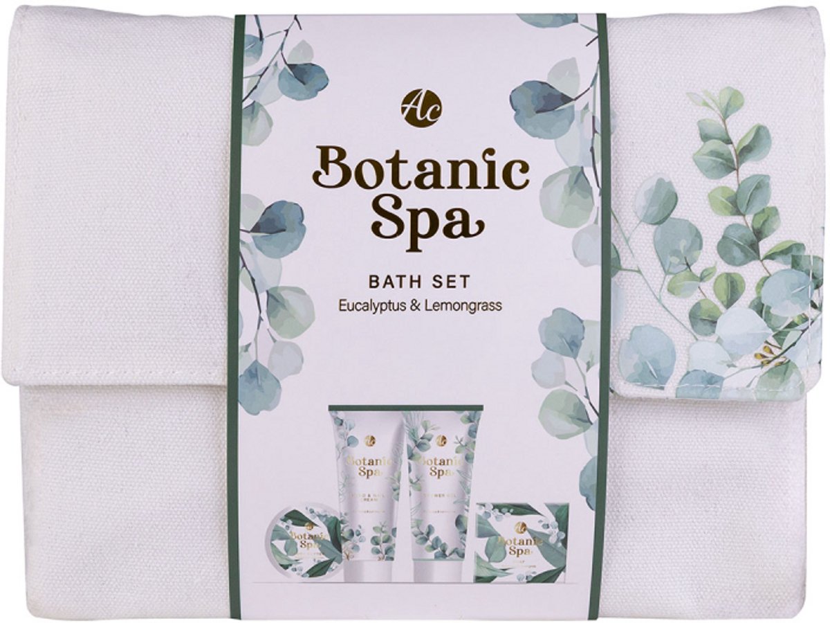 Accentra botanic spa bath set - eucalyptus en lemongrass - vegan verzorgingsset - douchegel, handcreme, bodybutter en zeep - cadeauset in toilettas