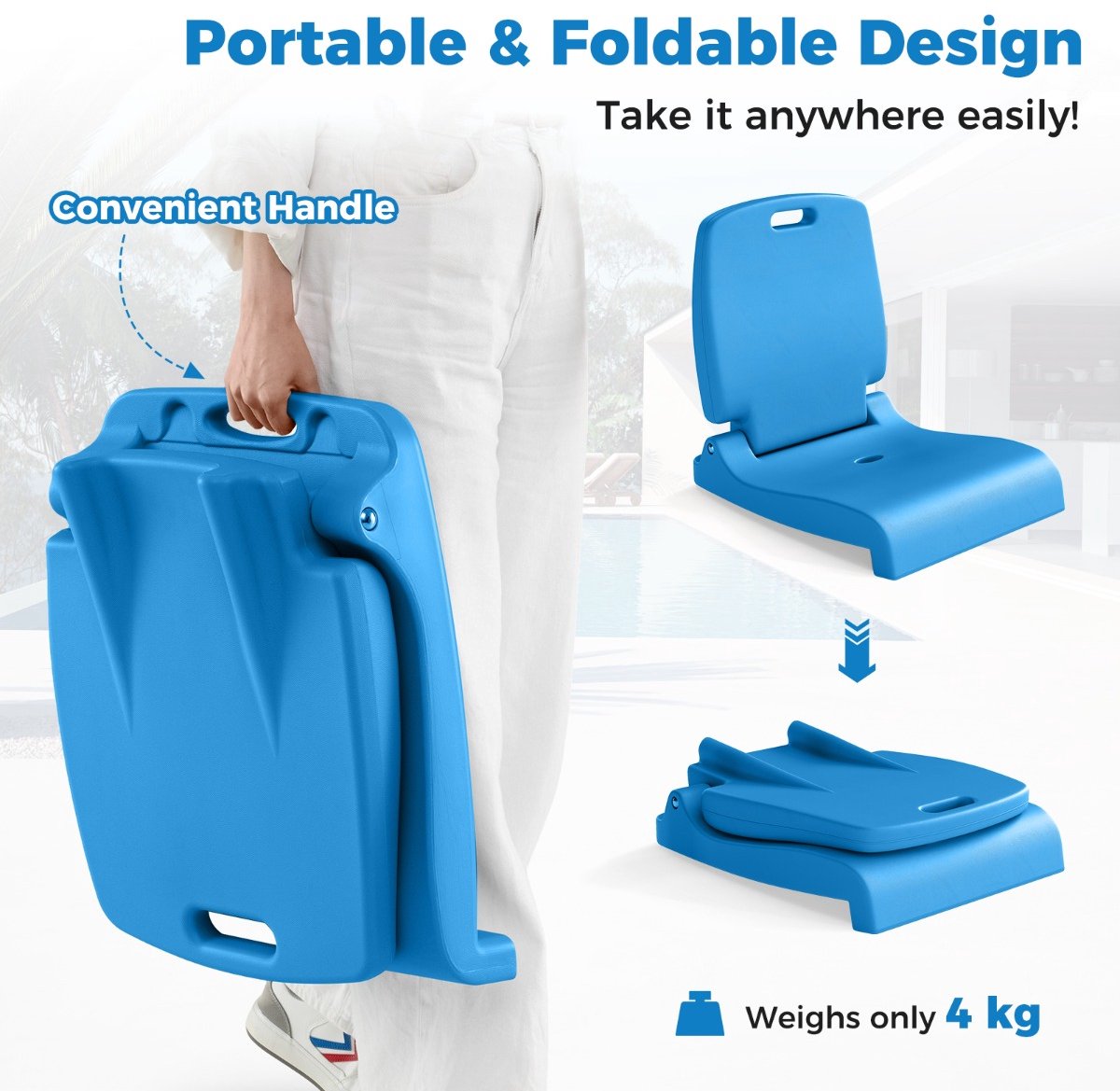 SureDeal® - Kamper - Plastic Zwembadstoel Opvouwbare - Rugleuning Afwateringsgaten - Handgrepen - 56x47x52 cm - Blauw
