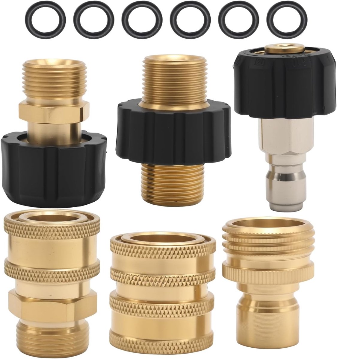 Adapterset voor Hogedrukreiniger - 6-delige Messing Aansluitingen, M22-14 naar M22-15, 3/4 Inch en 3/8 Inch Verbinding voor Efficiënte Conversie