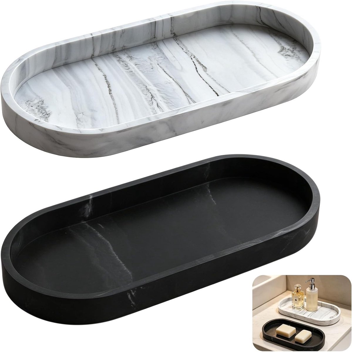 Set van 2 Ovale Silicone Badkamer Onderdelen, Decoratieve Opslagbakken, Waterdicht en Antislip, Cosmetica Organizer en Sieraden Tray voor Zeepdispensers, Wastafels en Badkamermeubels, Zwart Marmerlook