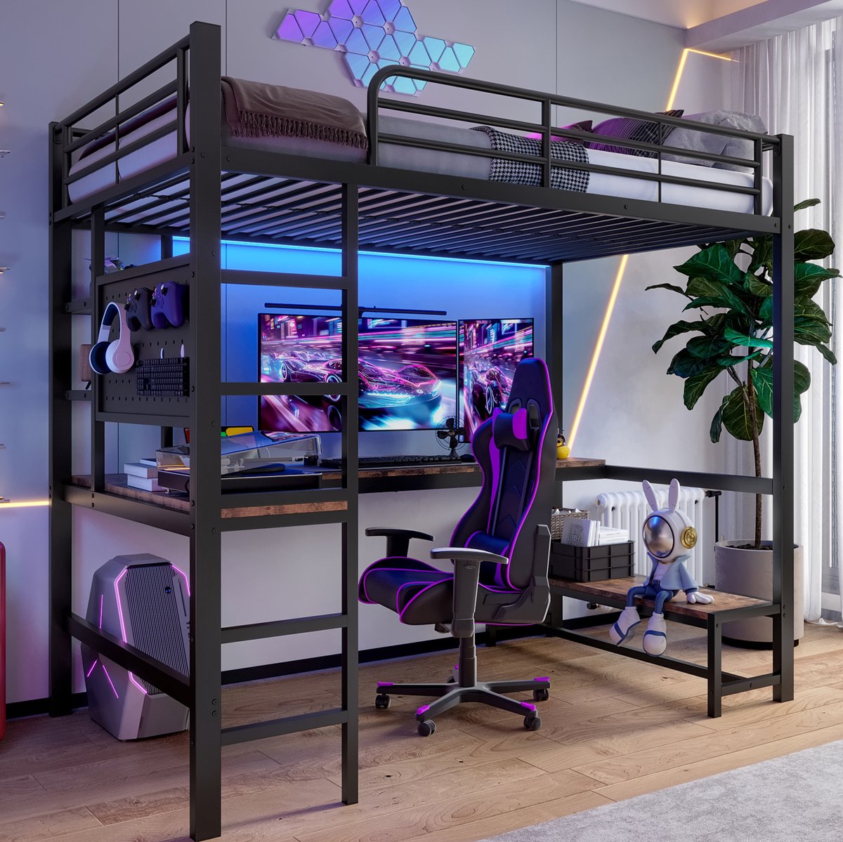 REDOM - Hoogslaper - Met bureau en opbergruimte - Met LED-verlichting en USB-C aansluiting - Metaal en MDF - Zwart - 204 x 95 x 180 cm