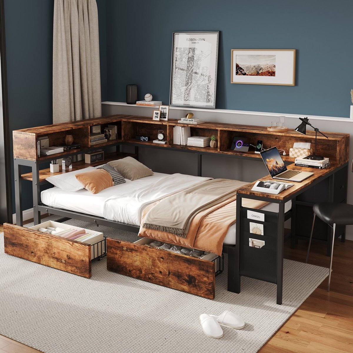 KOMHTOM Metalen bed 120 x 200 cm met opbergruimte, eenpersoonsbed in zwart/natuur met 2 lades, opbergvakken, oplaadaansluiting, bijzettafeltje, stoffen tas en stoffen lades