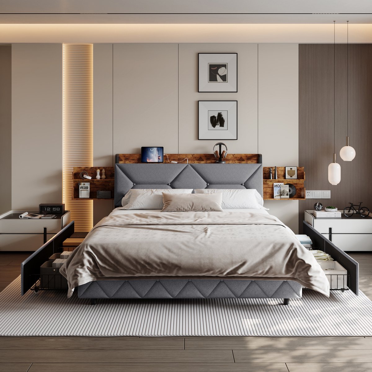 Tweepersoonsbed 160x200 cm, gestoffeerd bed met laadpoorten, geometrisch hoofdbord, verborgen opbergvak, 4 lades en open zijvakken, metalen frame, grijs