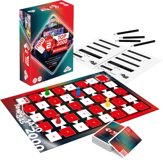 Top 2000 Muziekspel bordspel met pionnen, speelkaarten, scoreblokken en potloden.