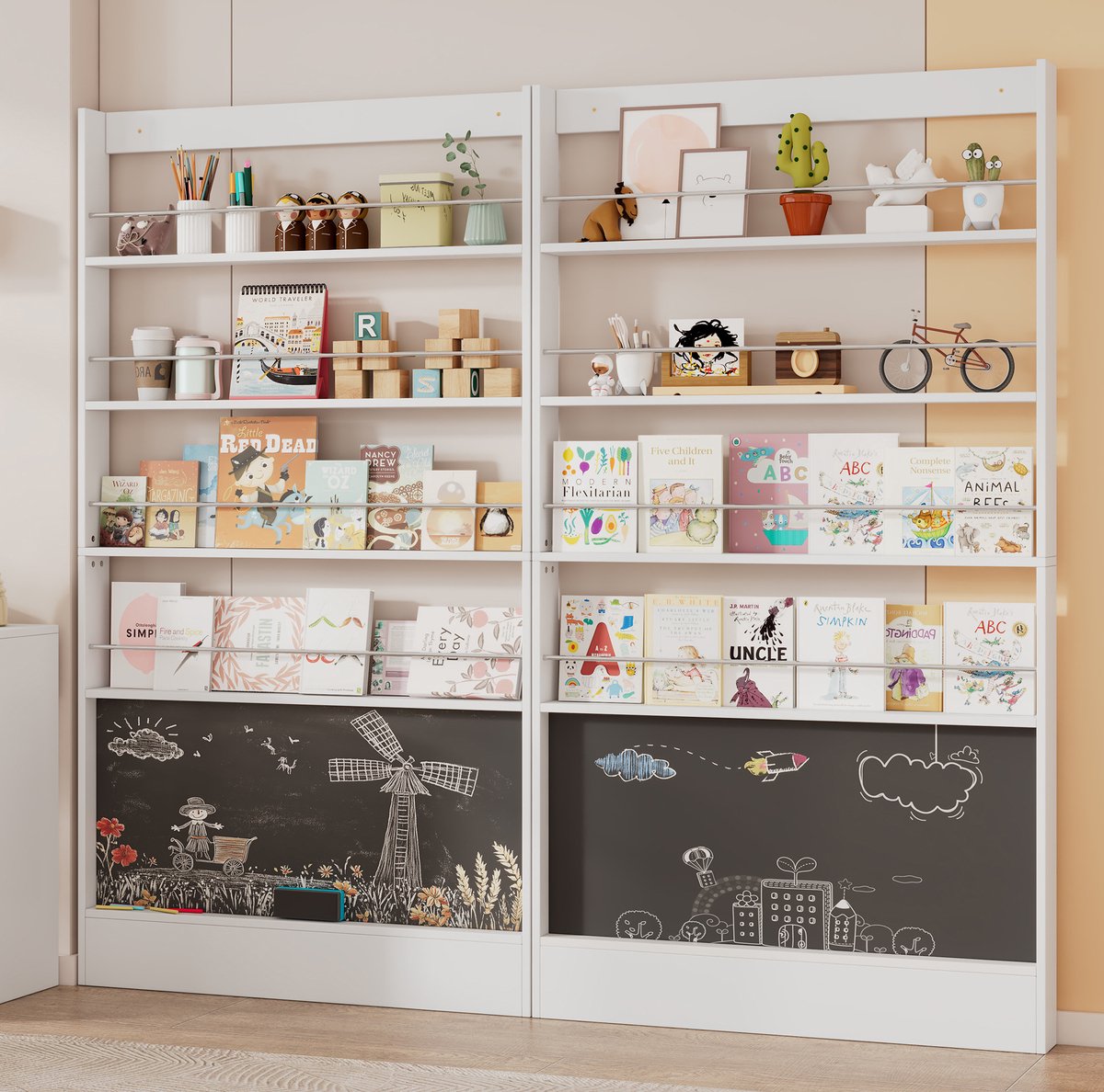 Wishdor Boekenkast - Set van 2 - Open kast met krijtbord en 4 lagen - Kinderkamer en leeshoek - Wit MDF metaal - Plaatsbesparend voor smalle ruimtes - 200 x 10 x 180 cm