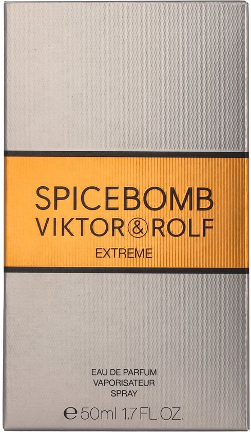 Grijze Spicebomb Viktor & Rolf Extreme 50ml EAU DE PARFUM verpakking met oranje band.