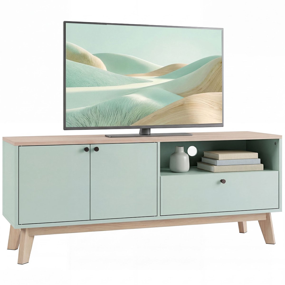 ECTEATOY® TV-Meubel 120 cm - TV-Kast voor Televisies tot 36 Inch - Met 2 Deuren, Lade en Open Vak - Lichtgroen