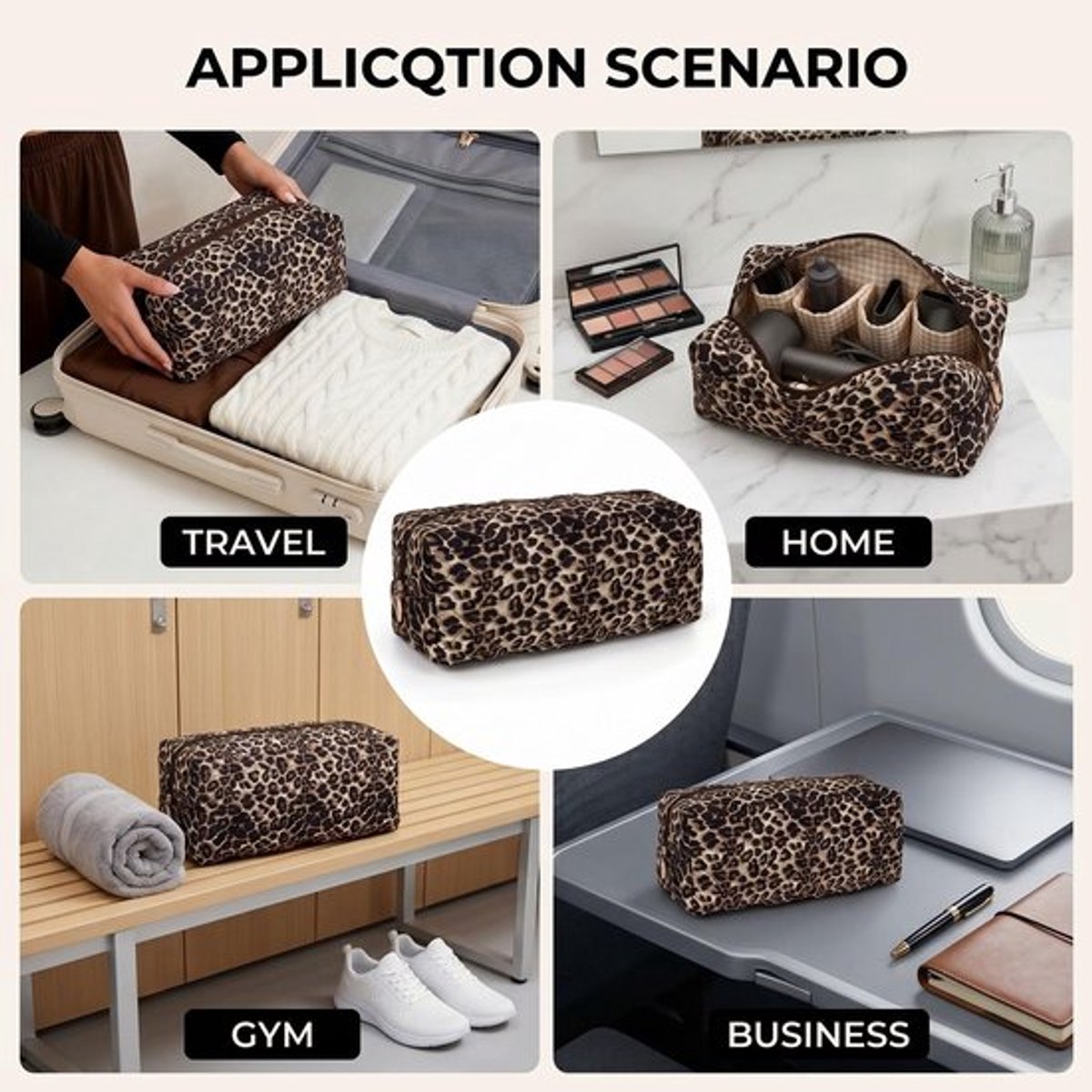 Namajunas - Toilettas voor dames - Reistas voor föhn - Organizer voor Dyson Airwrap en Airstrait - Grote toilettas - Reisorganizer voor föhn en haarstylingaccessoires - 100% katoen - 35 x 15 x 10 cm - Luipaardprint, geruite stiksels, met vakjes thumbnail 6