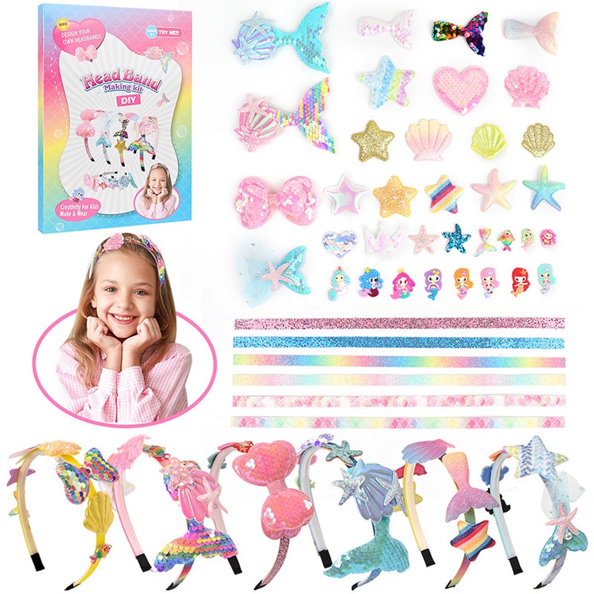 Casalora DIY Zeemeermin Haarband Knutselset Speelgoed – Inclusief 6 Haarbanden en 36 Accessoires – Geschikt voor Meisjes vanaf 4 Jaar – Ideaal Cadeau voor de Start van het Schooljaar