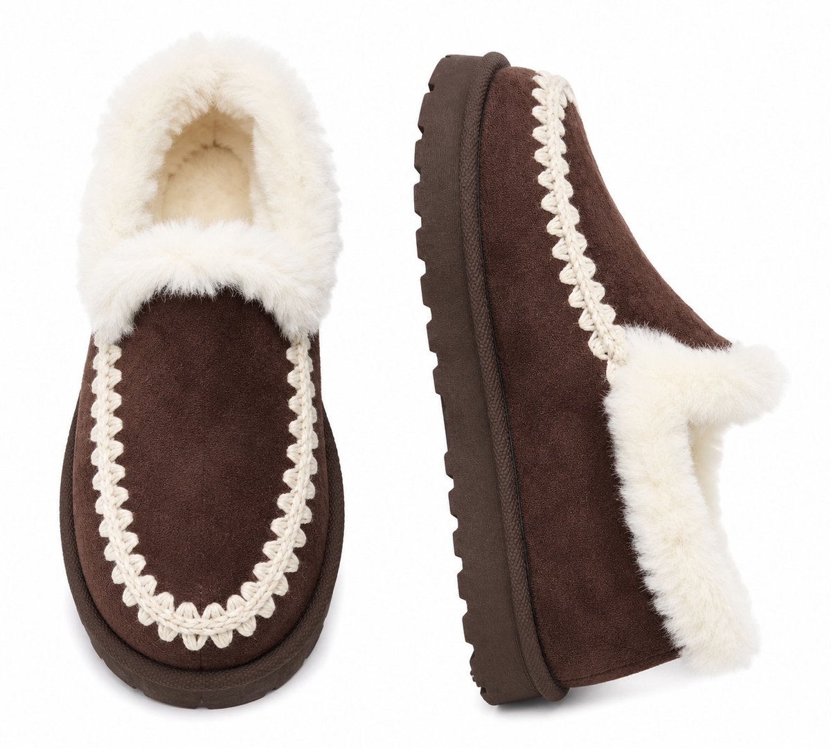 Dames Pantoffels – Warme Sloffen Dames – Huisschoenen voor Binnen & Buiten – Bontvoering – Stevige Zool Maat 38 – Bruin – Valt klein, bestel 1 maat groter