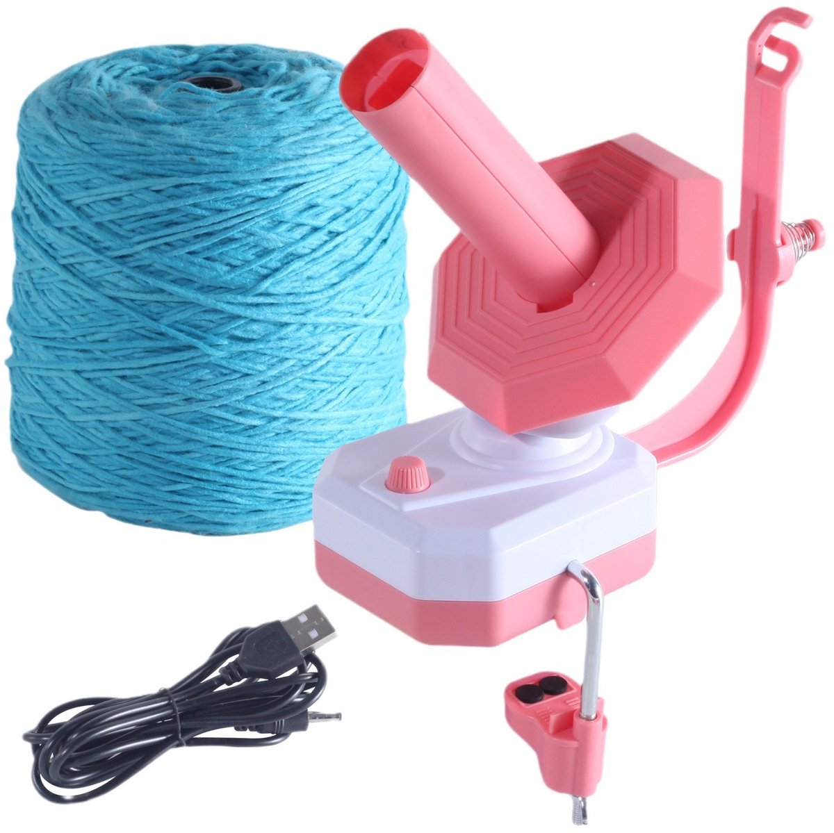 Elektrische Wolwinder - Traploze Snelheid en Instelbare Spanning - Tot 200 g - USB-Voeding - Voor Breien en Haken - Roze/Wit