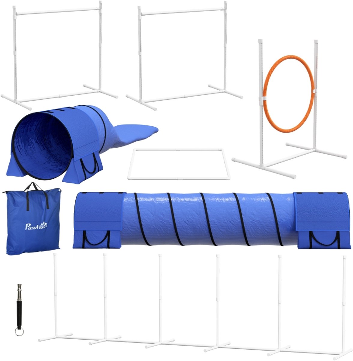 Honden Agility Set 7-delig 321x63x93cm Blauw Rood Wit Verstelbare Horden Springring 2 Tunnels Slalom Draagtas voor Tuin Park Training