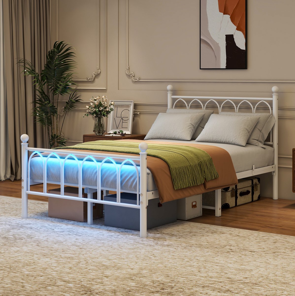 Bedframe 120 x 200 cm - LED-verlichting en usb-oplaadstation - Metaal en MDF - Wit - Met opbergruimte