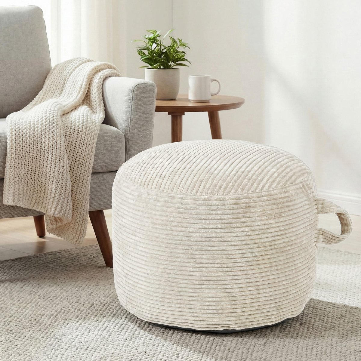 SHANNA Ronde Poef - Zachte Corduroy - Ø50×H45 cm - Crèmewit - Afneembare ritshoes - Multifunctionele voetensteun
