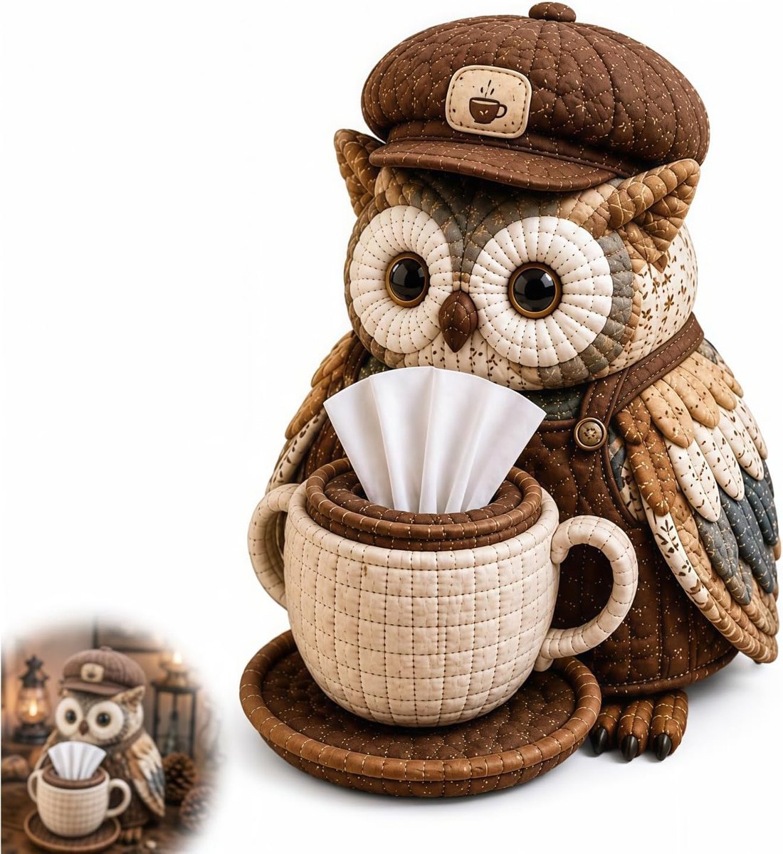 DIY Naaipakket voor Tissuebox met Gequilte Uil Motief | Schattige Patchwork Stoffen Servethouder | Handgemaakt Knutselproject voor Volwassenen | Creatieve Woondecoratie | Uniek Cadeau voor Thuis, Kantoor & Feestdagen（Stijl C Barista-uil）| Cyslmuk®