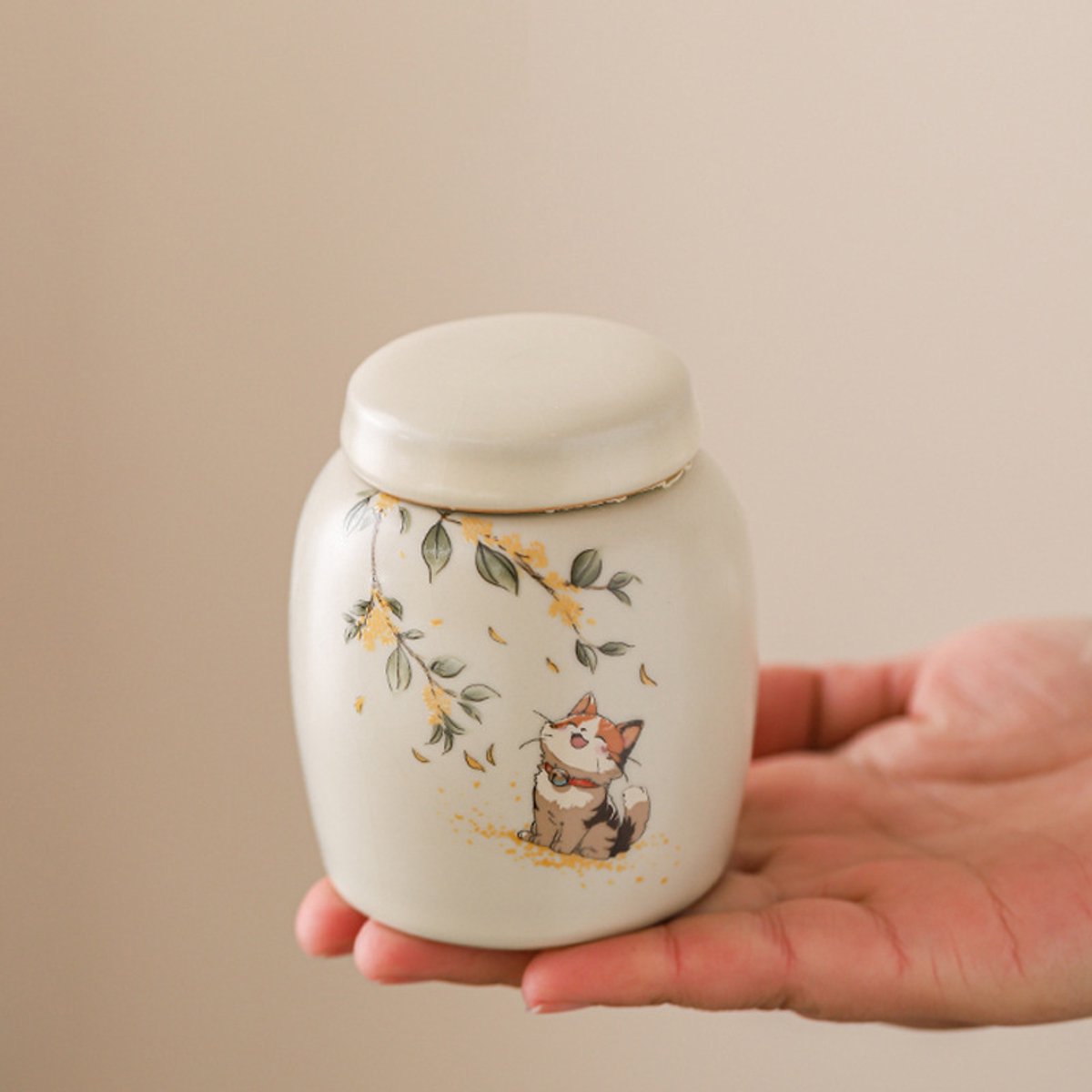Keramische pot 150ml met kat‑ en bloemmotief, luchtdichte voorraadpot voor thee of Crematie Urn
