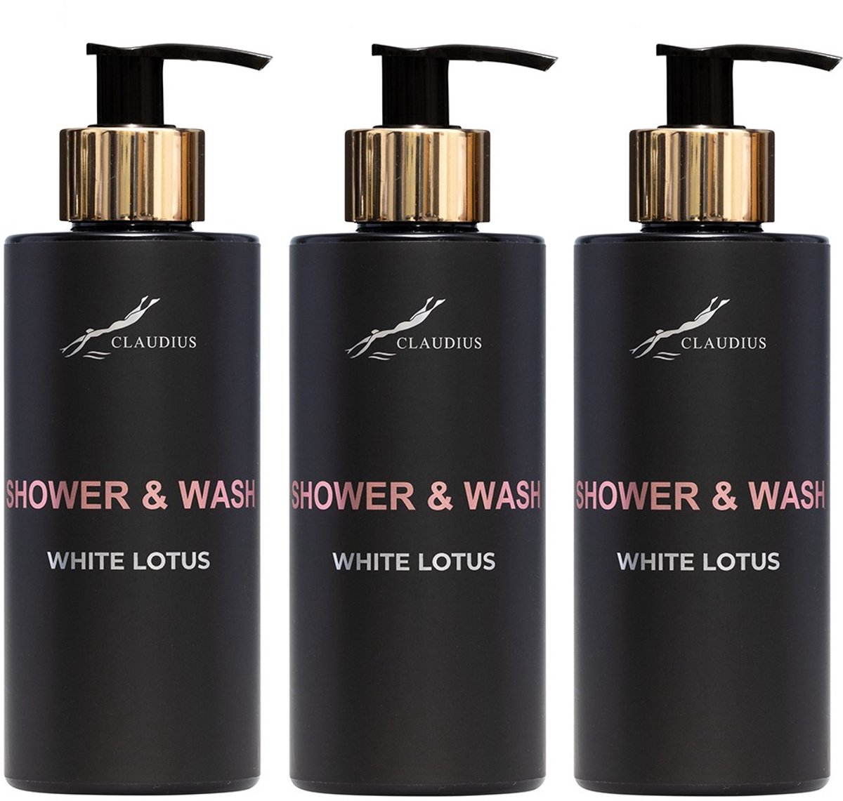 Shower & Wash White Lotus 300 ml - met gouden pomp - zwarte fles - set van 3 stuks - Voordeelverpakking