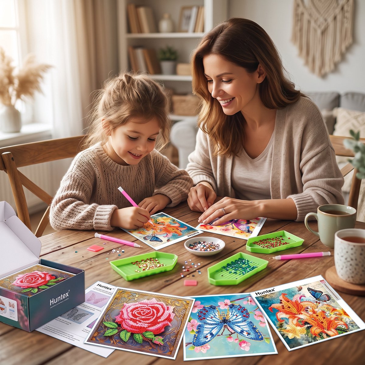 Huntex Diamond Painting Kaarten - 12 Wenskaarten met Enveloppen - Compleet Hobbypakket voor Volwassenen en Kinderen - Bloemen, Vogels en Vlinders — afbeelding 3