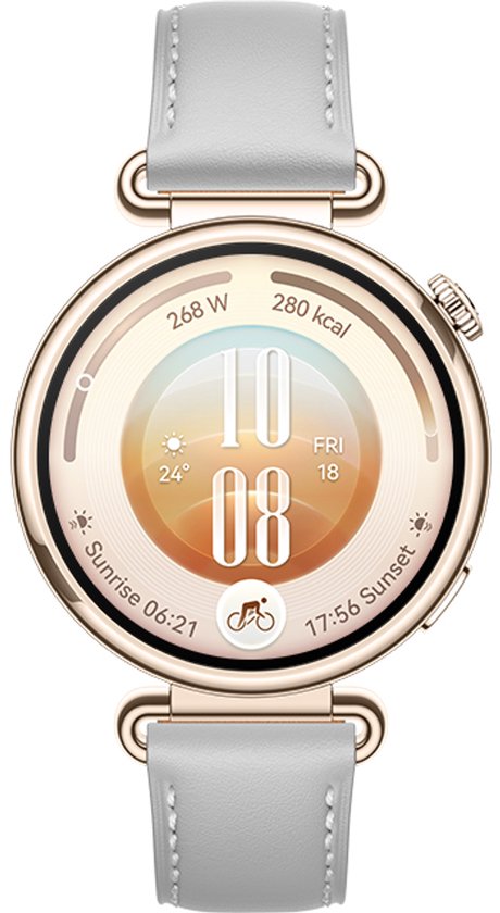 Huawei Watch GT 7 met lichtgrijze lederen band, gouden kast en wijzerplaat met datum.
