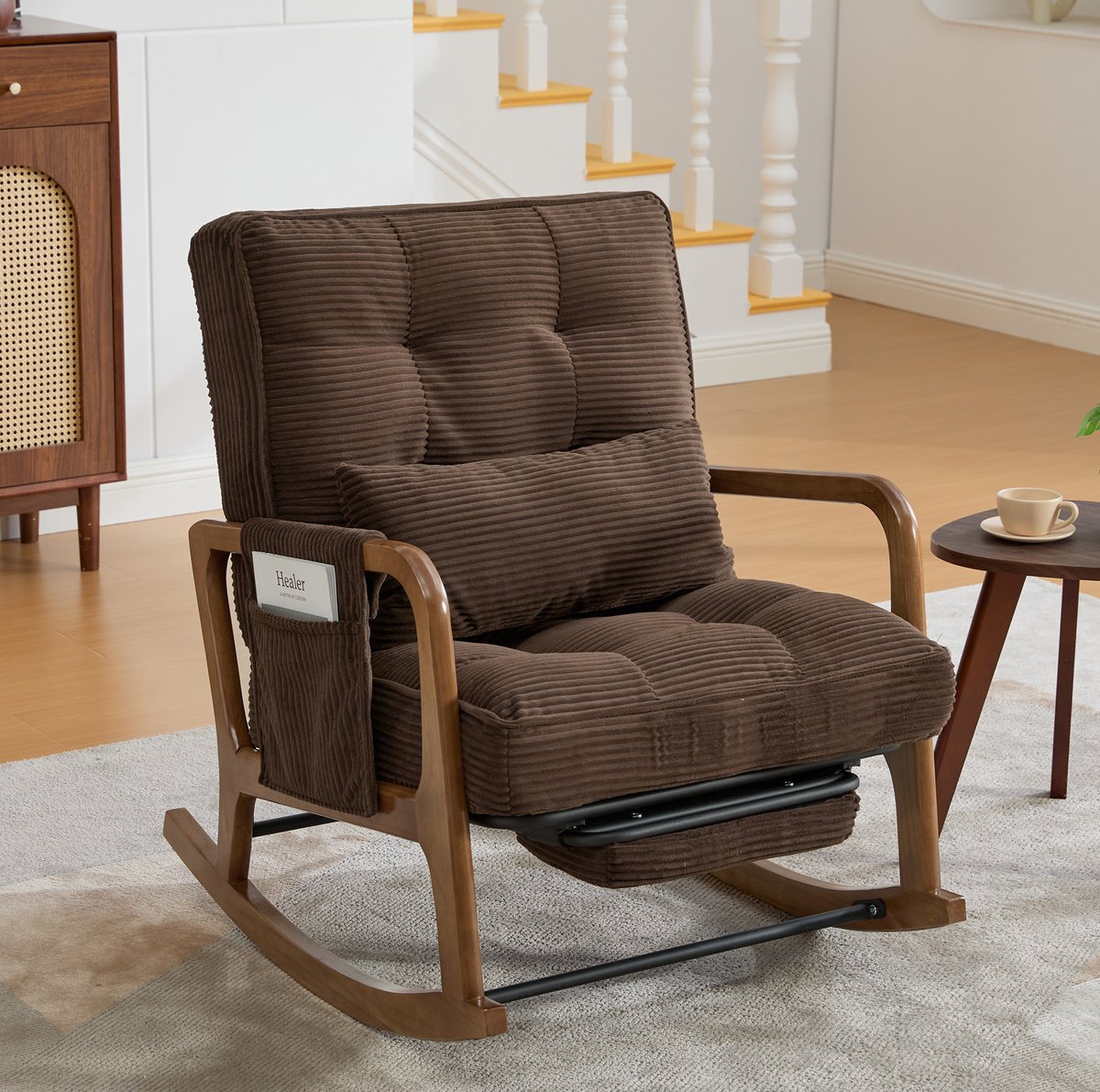 COVREO Schommelstoel 70x80x92 cm coffee corduroy stof - verstelbare rugleuning en uitklapbare voetsteun