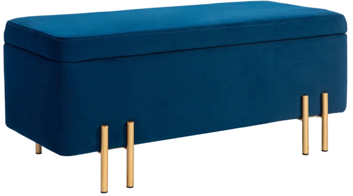 Bankje - Gestoffeerde Bank Met Opbergruimte - Metaal - Rubbenhout - Schuim - 100 x 40 x 42 cm - Donkerblauw